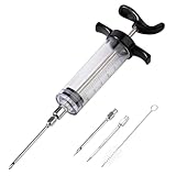 LiangYuanZen 3 Nadeln 1 Reinigungsbürste 30ml Fleischspritze für Fleisch, Fleischinjektor Set, Marinadenspritze für BBQ, Pökelspritze aus Kunststoff, für Fleisch, Geflügel und mehr.