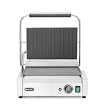 HENDI Kontaktgrill, Panini, oben gerillt und unten glatt, inkl. Grillreinigungsbürste, Temperatur bis 300°C regelbar, Grillfläche 340x235mm, Elektrogrill, 230V/2200W, 430x375x(H)216mm, Edelstahl