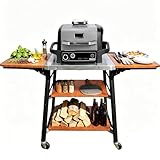 GFTIME Grillwagen mit Edelstahl-Arbeitsplatte, BBQ Wagen mit 2 klappbaren Seitenablagen & 2 Ablageböden, mobiler Outdoor Küchenwagen mit Rollen für Grill, Pizzaofen & Garten