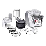 Bosch Küchenmaschine Serie 4, Edelstahl-Schüssel 3,9 L, Knethaken, Schlag- und Rührbesen Edelstahl spülmaschinenfest, Mixer 1,25 L, Durchlaufschnitzler, 3 Scheiben, 1000 W, Weiß, MUM58W20