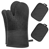 MILcea Ofenhandschuhe Topflappen Topfhandschuhe 4er Set - Ofenhandschuhe Hitzebestaendig bis 300°C, Rutschschutz, Verlängern, Weich, Backhandschuhe Kochhandschuhe Oven Gloves, Schwarz