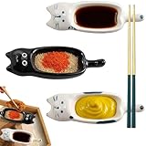 HSYTEK 3 Stück Dipschalen, 13 x 4.2 cm Katzenform Dip Schälchen, Mini Katzenmotiv Keramikschale Stapelbar, Kleine Schüsseln für Ketchup, Senf, Sojasauce, Essig (Weiß+Schwarz)