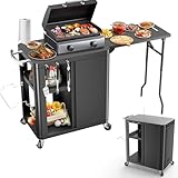 GFTIME Grillwagen, Grilltisch mit klappbarer Beistelltisch, Outdoorküche mit Haken, Aufbewahrungsregal und Schrank, Servierwagen mit rollen, Außenküchen,143×37×89cm