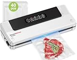 Bonsenkitchen Vakuumiergerät, Vakuumierer für kontinuierliches Arbeiten mit hoher Geschwindigkeit, Folienschweißgerät für Lebensmittel, inkl. 40 Vakuumier-Beutel und Schlauch (Weiß)