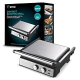 ARIVA Elektro Kontaktgrill 2000W mit Keramikbeschichtung – 2-in-1 Tischgrill 180° aufklappbar, Panini Maker mit Timer & Temperaturregler, Fettauffangschale, Antihaftbeschichtet, Silber