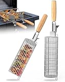 Rollendes Grillkorb Set, Grill zubehör mit abnehmbarer Holzgriff, Edelstahl 304, GrillZubehör für Outdoor-Grill, Gemüse, Fleisch und Meeresfrüchte am Außengril, Geschenke für Männer Papa