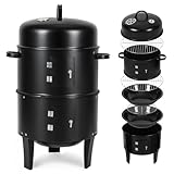 Hebitod 3 in 1 Räucherofen Smoker Grill mit Thermometer, Holzkohle Räuchertonne mit 2 Türen, 2 Ebenen & regulierbarer Lüftungsklappe, kompakter BBQ Holzkohlegrill für Garten, Balkon & Camping