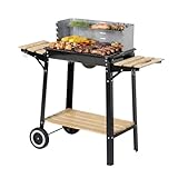 aro Holzkohlegrill, Stahl/Holz, höhenverstellbar, mit Seitenablage, Windschutz und 2 Rädern, silber
