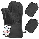 MILcea Ofenhandschuhe Topflappen Topfhandschuhe 4er Set - Ofenhandschuhe Hitzebestaendig bis 300°C, Rutschschutz, Verlängern, Weich, Backhandschuhe Kochhandschuhe Oven Gloves, Schwarz