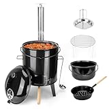 onlyfire Emailliert Gulaschkanone, Kesselgulasch mit Hähnchenbräter, Grillrost, Gulaschkessel mit Suppenkelle, Deckel, Thermometer, 14L Eintopfofen mit Grillfunktion Ofen Grill Kugelgrill für Outdoor