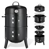 TLGREEN 3 in 1 Räucherofen, BBQ Smoker Grill mit Deckel, Thermometer, 2 Grillrost Edelstahl, 2 Wasserschale Emaille, Räuchertonne mit Griff, Watersmoker, Holzkohlegrill, für Räuchern und Grillen