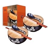 Japanisches Ramen Schüssel 1000ML Keramik Suppenschüssel Schwarzes Ramen Bowl Set,Inkl. Stäbchen, Deckel und Löffel (2 set)