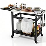 LIFERUN Grillwagen mit Klappbarem Beistelltisch, Robuster Grilltisch mit Edelstahl Tischplatte, 2-Ebenen Beweglicher Servierwagen mit 4 Rollen&Weinregal, Outdoor Küchenwagen für Garten, BBQ, Terrasse
