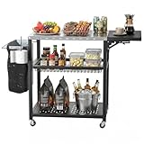 Skokliz Grillwagen beweglicher Servierwagen mit 3 Ebenen, klappbarem Beistelltisch und 360° schwenkbaren Rollen mit Bremse – Multifunktionaler Edelstahl Outdoor Grilltisch für BBQ und Garten