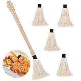 Grillpinsel BBQ Mops Pinsel, Basting Mop Profi Abnehmbares Holzgriff Grill Mop, Küchenpinsel Backpinsel Sauce Soßen Marinaden Grillbürste mit 4 Stück Extra Ersatzköpfen, zum Kochen Braten Grillen