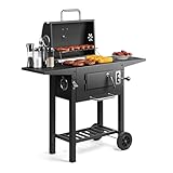 VonHaus Kompakt Holzkohlegrill BBQ- Grill mit Warmhalterost, Höhenverstellung, Temperaturanzeige, Tragbar mit Aschebehälter, Ablage, 2 Klappbaren Seitentischen und Rädern, Für Fleisch, Fisch & Gemüse