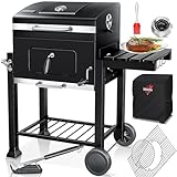 KESSER® Holzkohlegrill XL Grillwagen Set mit Deckel & Thermometer – BBQ Kohlegrill Wagen, Smoker Grill, Standgrill mit Grillrost, Rädern, Warmhalterost & Ablage inkl. Haube, Bürste & Pinsel