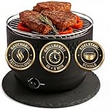 SOUK ONE Tischgrill mit Aktivbelüftung und Edelstahlschale, Holzkohlegrill Grill mit Lüfter, Campinggrill BBQ Outdoor (Schwarz)