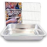 YUGN Bräter mit Grillrost 40x30x7 cm – Edelstahl Bratpfanne mit Rost für Backofen & Ofengerichte – Spülmaschinenfest, Nahtloses Design & Hitzebeständig bis 800 °C – Inkl. kostenlosem E-Book