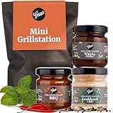 Gepp’s Feinkost Wundertüte Mini Grillstation I Grill-Geschenke für Männer mit BBQ Grillsauce, Whsikey Pfeffer Sauce & Knoblauch Chili Sauce I Grillgewürze Geschenkset mit Anhänge – Weihnachts-Geschenk