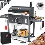 KESSER® Holzkohlegrill XXL Grillwagen Set mit Deckel & Thermometer – großer BBQ Kohlegrill Wagen, Smoker Grill mit Kamin & Lüftung, mit Grillrost, Warmhalterost & Ablage inkl. Haube, Bürste & Pinsel