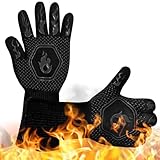 Grillhandschuhe, Grill-Ofenhandschuhe, hitzebeständig bis 800 °C, für Küche, Backen, Grill, Mikrowelle, Kamin, EN407-zertifiziert (Schwarz)