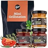 Gepp’s Feinkost Wundertüte Mini Grillstation I Grill-Geschenke für Männer mit BBQ Grillsauce, Whsikey Pfeffer Sauce & Knoblauch Chili Sauce I Grillgewürze Geschenkset
