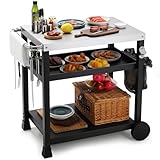 LIFERUN Edelstahl Grillwagen 3 Etagen, Grilltisch Outdoor mit Edelstahl Tischplatte, Grill Beistelltisch Servierwagen, Garten Trolley Küchenwagen mit Rollen Haken, BBQ Beistellwagen Außenbereich