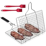 NEWJEK Grillkorb Edelstahl, 32 x 22 cm Faltbar Grillkorb Fisch, Tragbares Grill Basket mit 2 Silikonbürste, Grillen Zubehör, Grillguthalter für Fischgemüse, Steak, Garnelen mit Abnehmbarem Griff