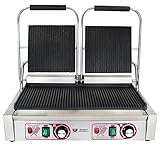 Beeketal 'BKG7' Gastro Doppelt Kontaktgrill mit Gusseisen Grillpatten (oben und unten gerillt) mit Fettauffangschale, Profi Edelstahl Elektrogrill ideal als Panini Grill Maker oder Sandwich Toaster