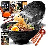Ramen Schüssel Keramik Set 2×1000ml,34oz Japanisches Porzellan Geschirr mit Essstäbchen Löffel Gabel und Rezepte,Suppenschalen Rührschüsseln für Nudeln Getreide Salate Geschenke für neuen Häusern